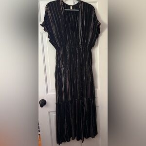 Elan Black V-Neck Maxi Dress with Colorful Metallic Threads